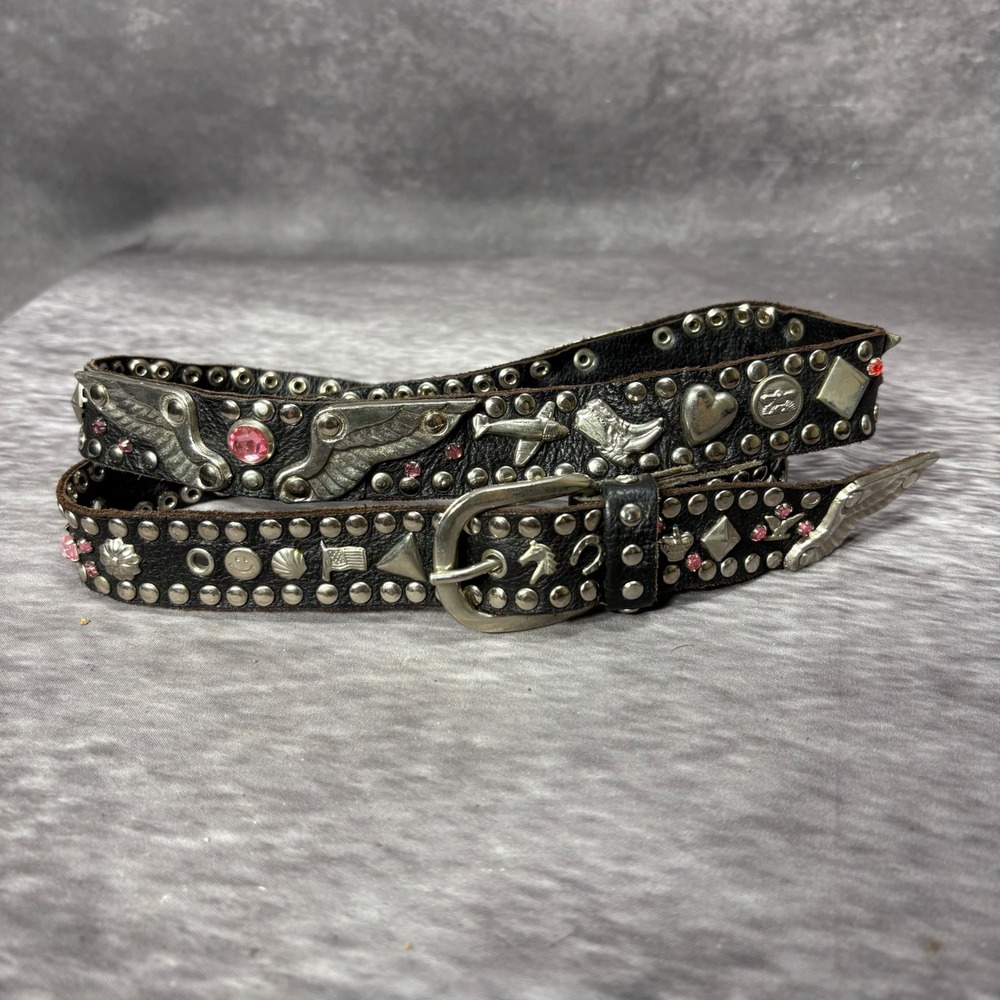Streets Ahead Black Leather Studded Charm Belt Silver Wings Pink Rhinestone 42"